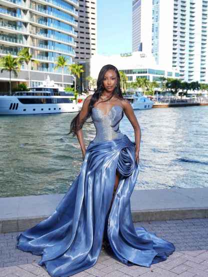 Azure Elegance - Sequined Gown with Detachable Overskirt & Dramatic Train