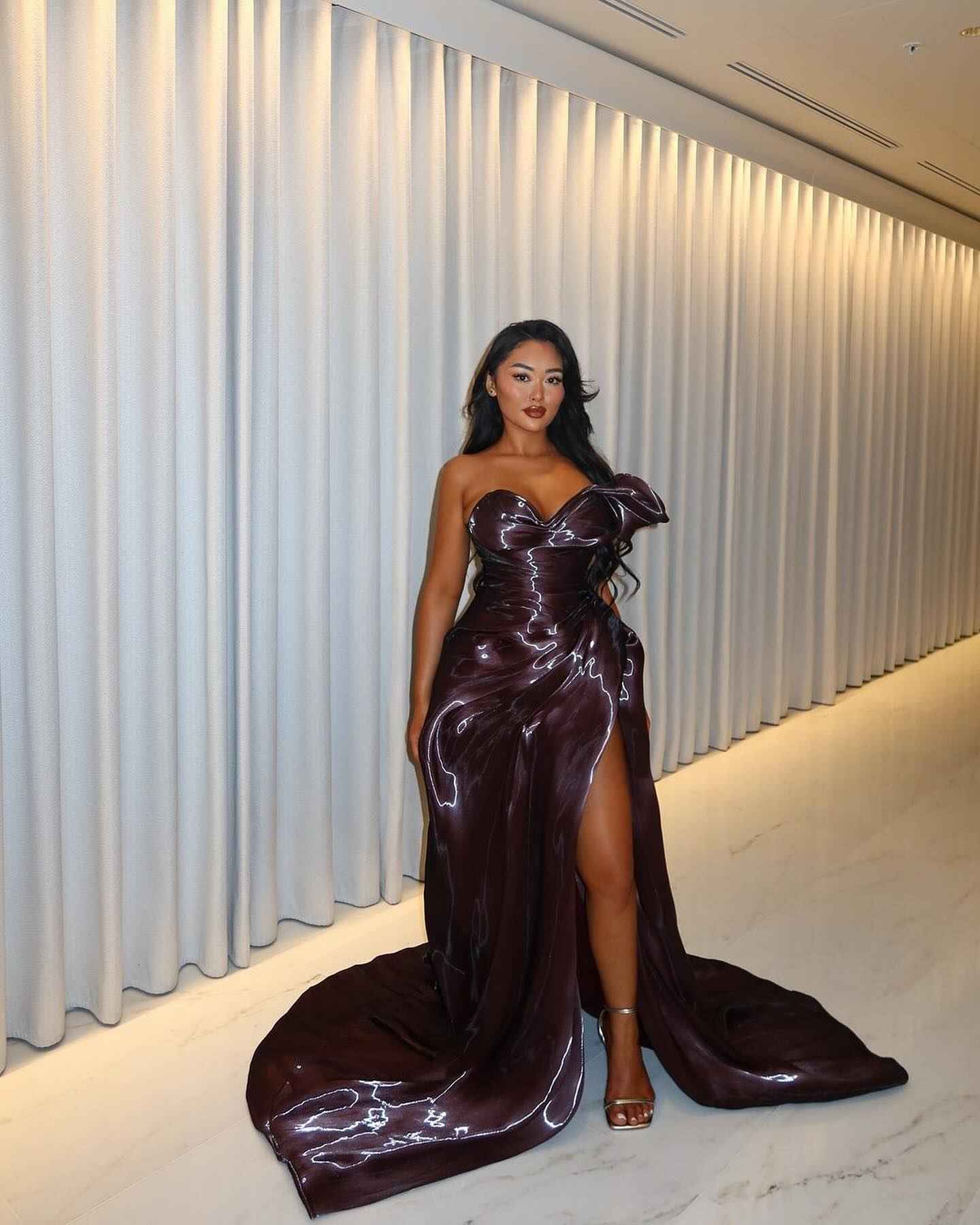 Electric Storm -Satin Prom Dress with Bow Detail