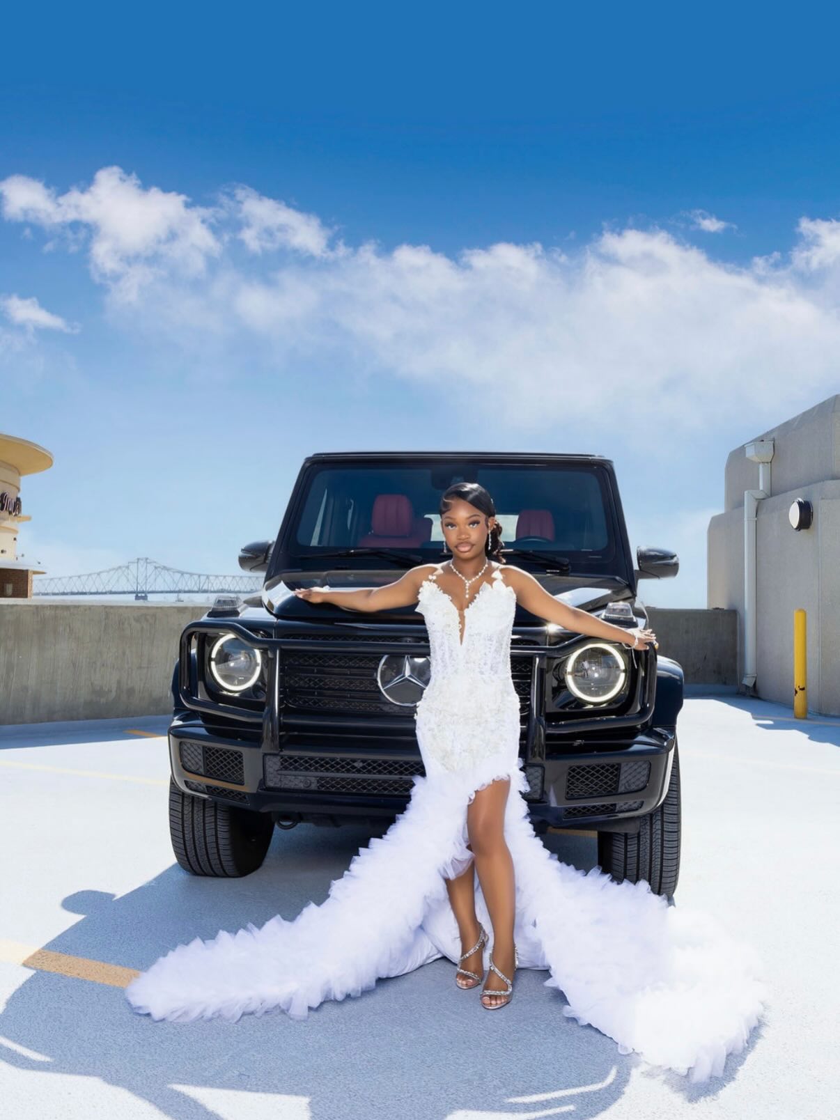 White Sequin Beaded Mermaid Prom Dress with 3D Floral & Ruffle Train