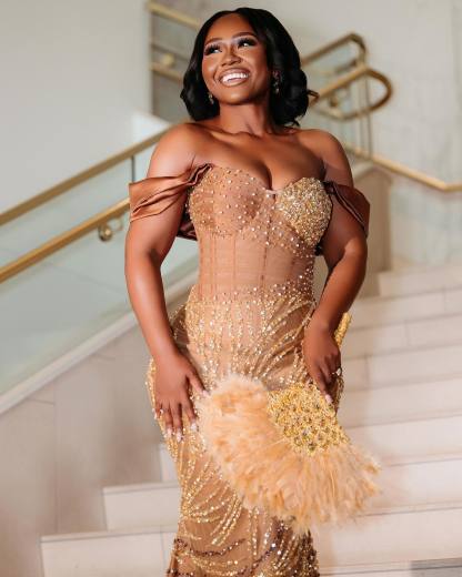 Golden Sunset - Ombre Beaded Mermaid Prom Dress with Feather Trim