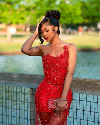 Red Hot - Sheer Illusion Beaded Mermaid Prom Dress with 3D Florals