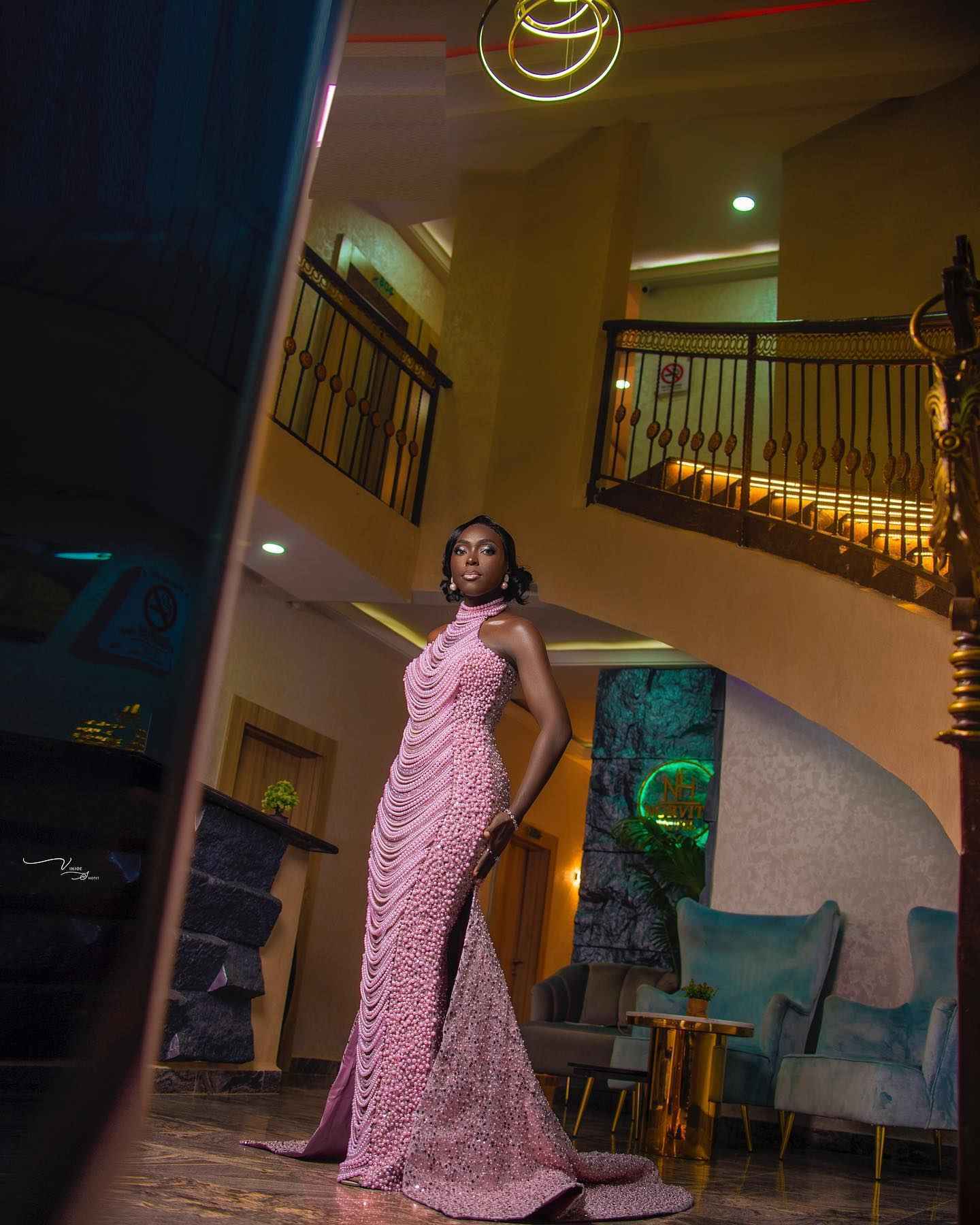 The Pink Pearl - 2026 Pearl Beaded Mermaid Gown: High Halter Neckline with Cascading Pearl Fringe Draping & Asymmetric Beadwork