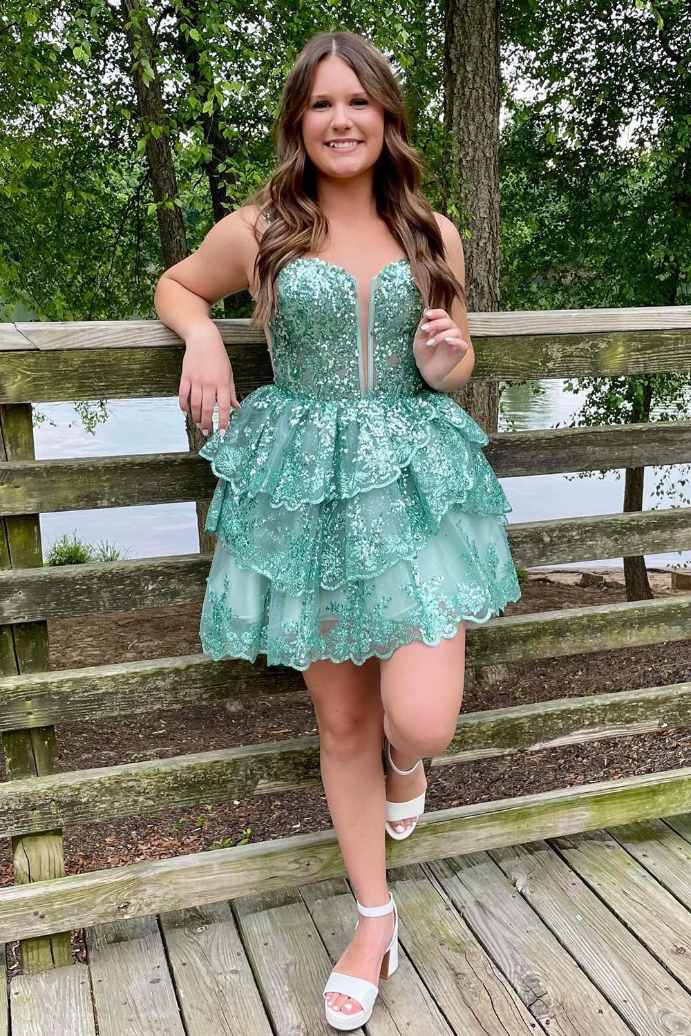 Sparkly Green Sequins Corset Short Homecoming Dress With Ruffles-BMbridal