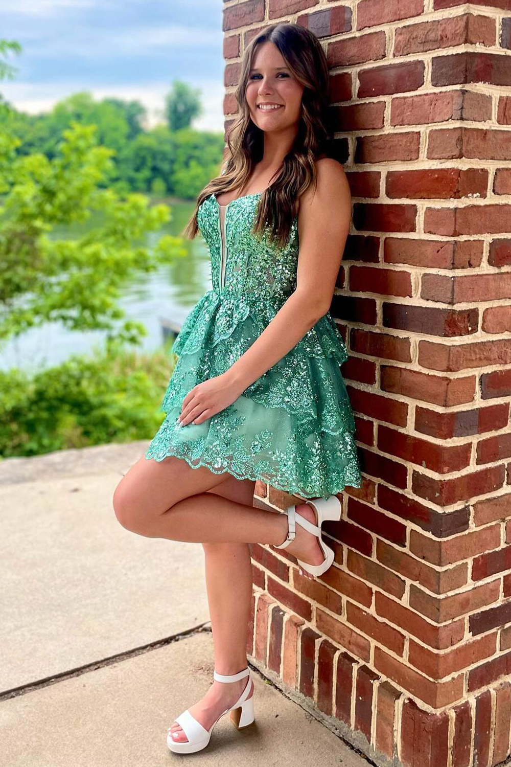 Sparkly Green Sequins Corset Short Homecoming Dress With Ruffles-BMbridal