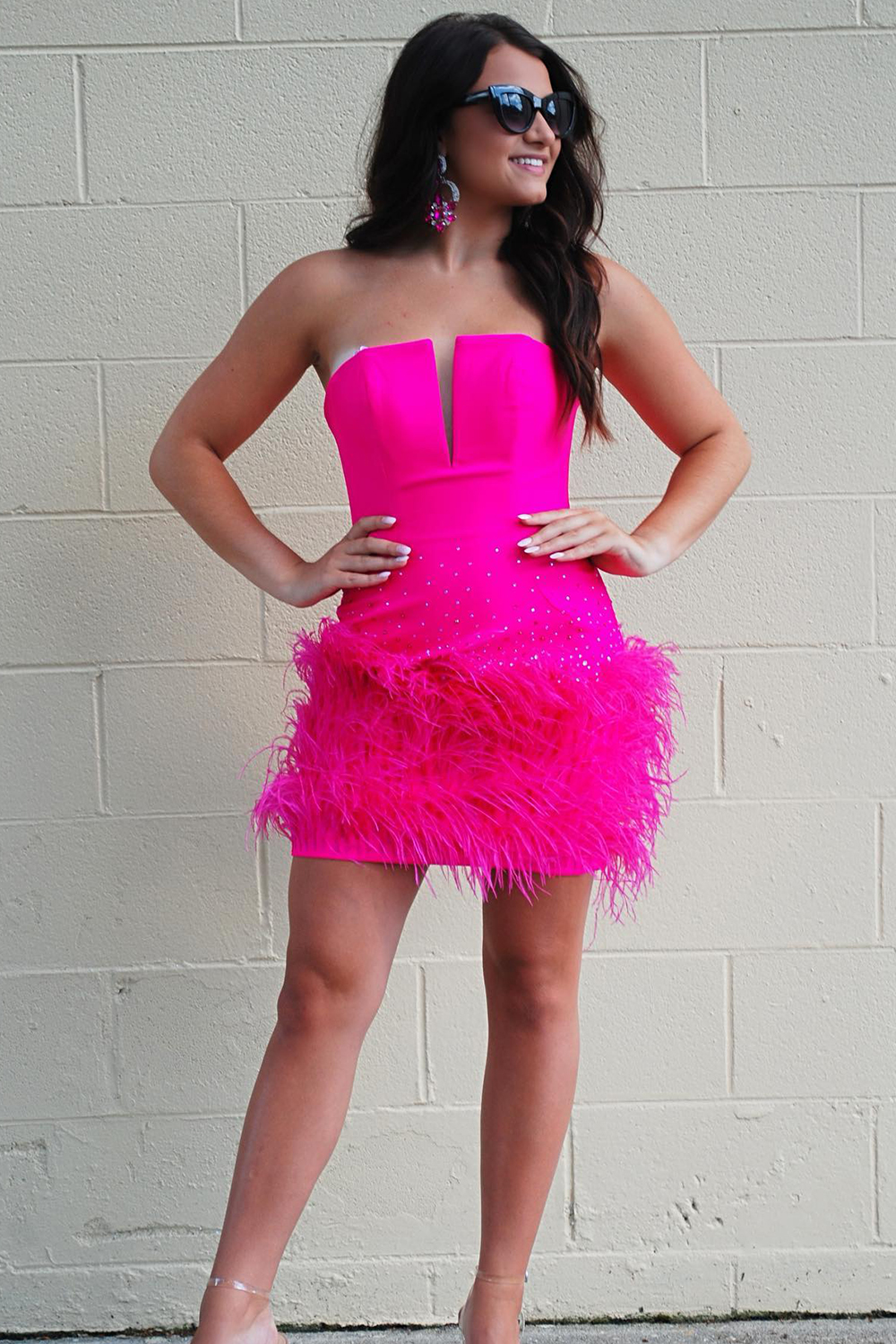 Sparkly Beaded Fuchsia Bodycon Feathered Homecoming Dress-BMbridal