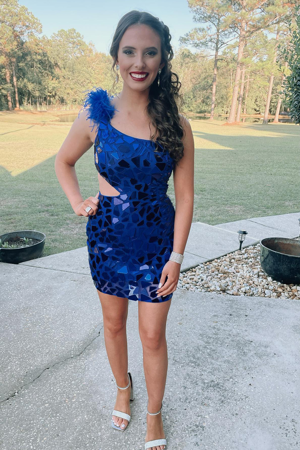 Sparkly Royal Blue Mirror One Shoulder Tight Homecoming Dress With Feathers-BMbridal
