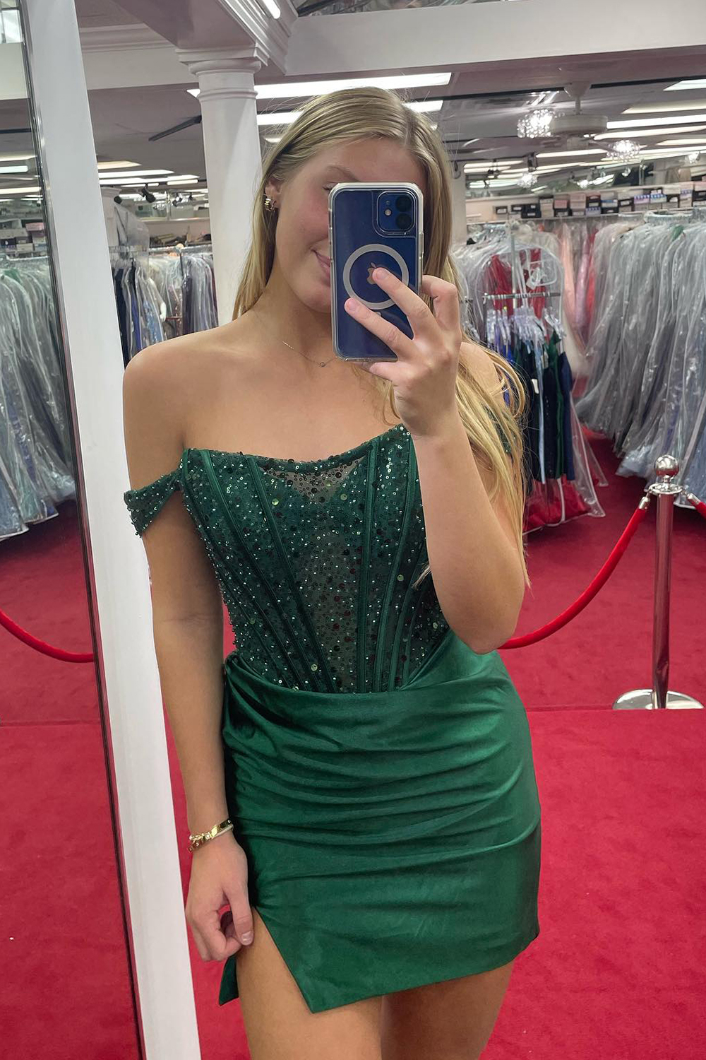Sparkly Dark Green Detachable Off the Shoulder Satin Tight Short Homecoming Dress with Sequins-BMbridal
