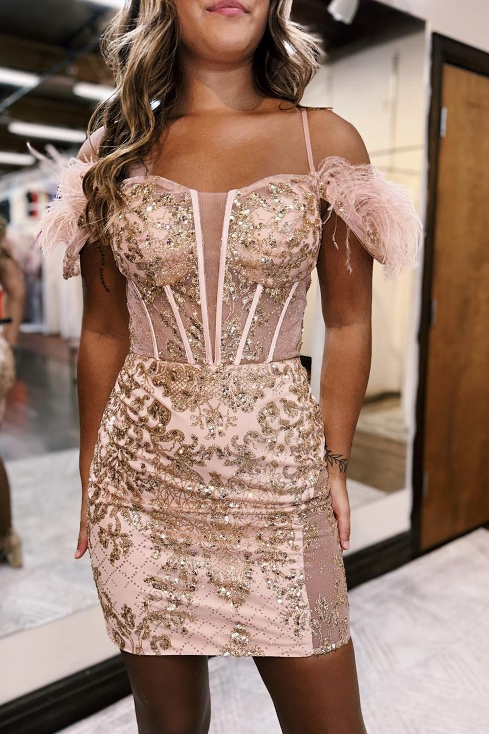 Sparkly Rose Gold Corset Sequins Tight Short Homecoming Dress With Feather-BMbridal