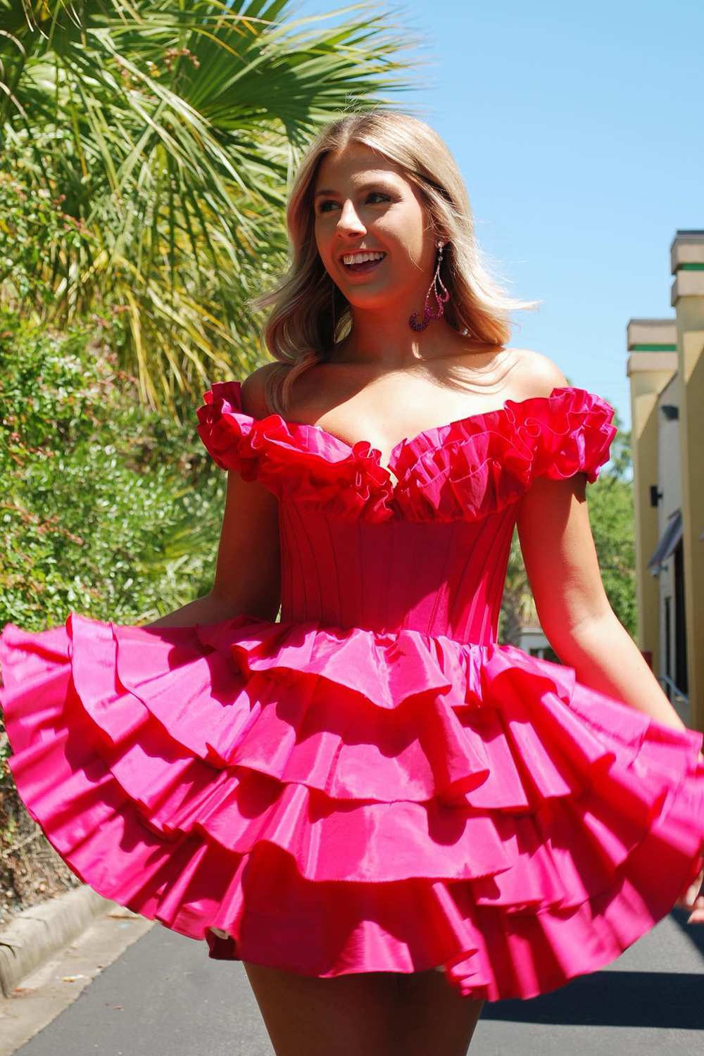 Fuchsia Off The Shoulder Corset Short Homecoming Dress With Ruffles-BMbridal