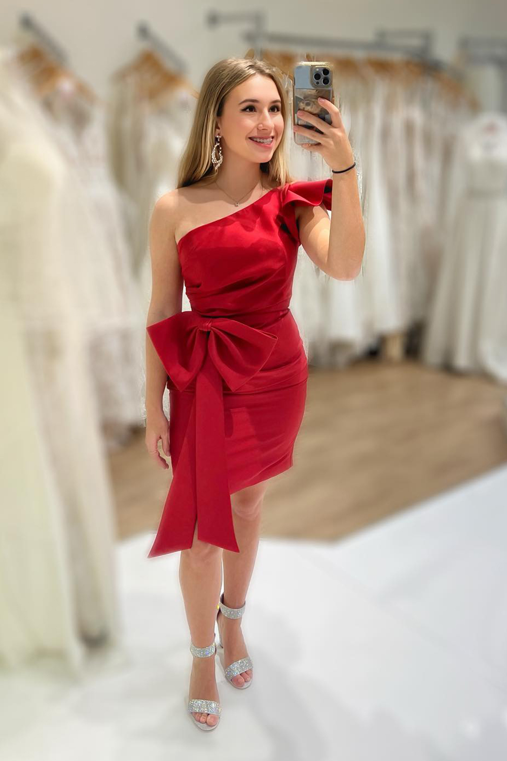 slim fit dress slacks Jessica Stylish One Shoulder Sequins Mini Homecoming Dresses, Red