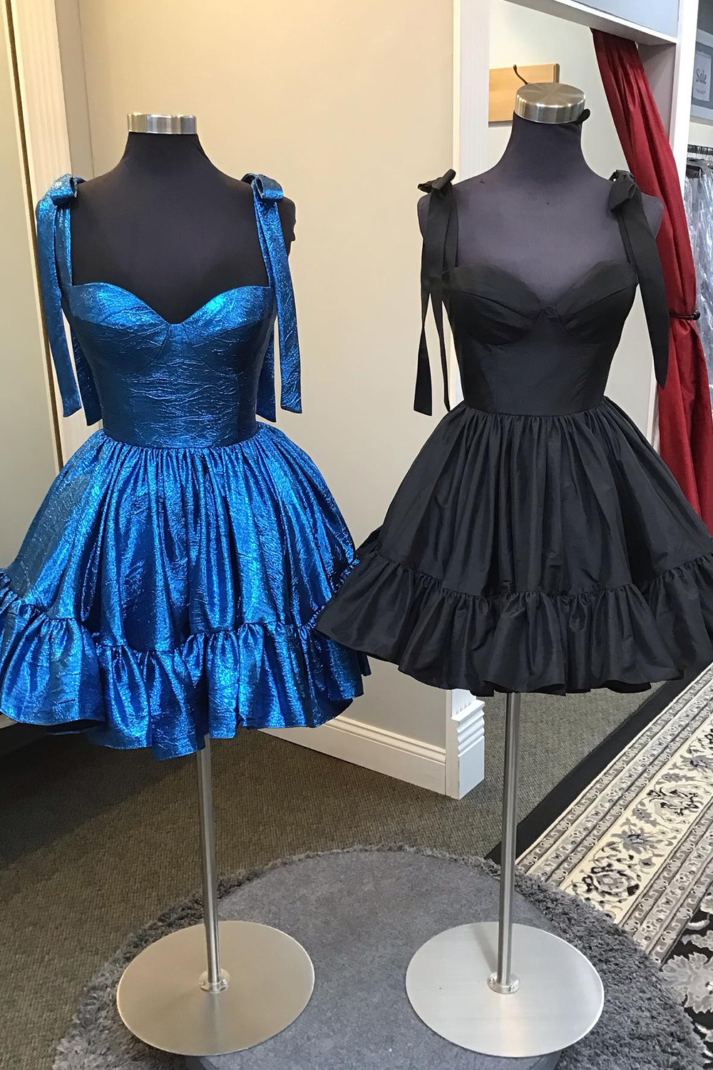 Blue Metallic Spaghetti Straps A Line Tiered Short Homecoming Dress-BMbridal