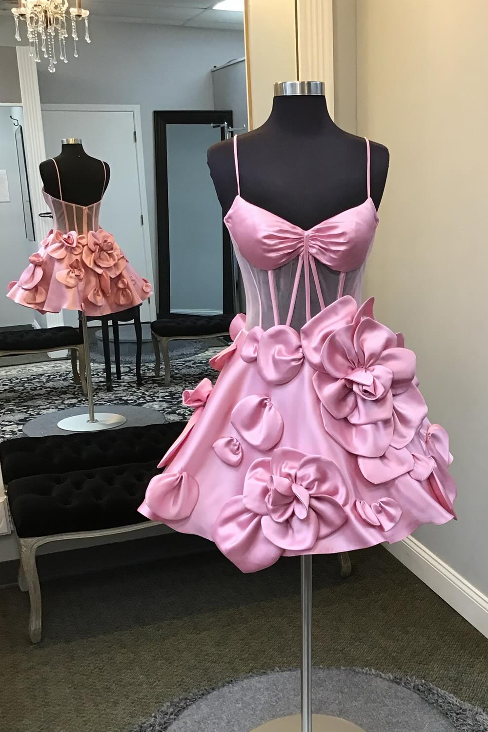 Pink Corset A Line Short Homecoming Dress With 3D Flowers-BMbridal