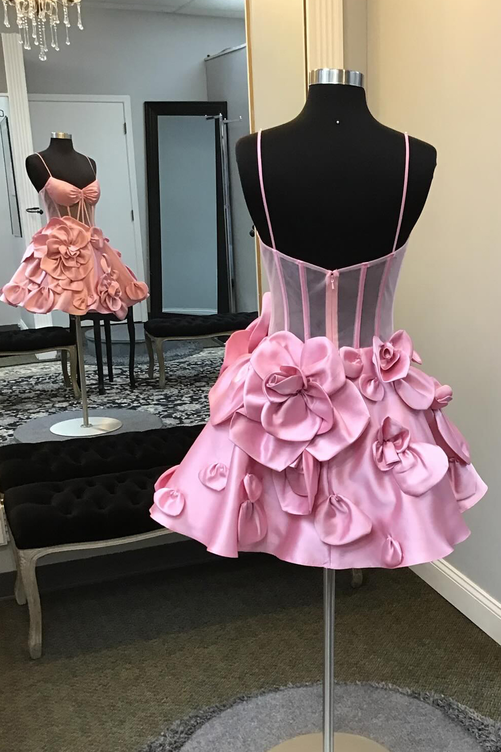 Pink Corset A Line Short Homecoming Dress With 3D Flowers-BMbridal