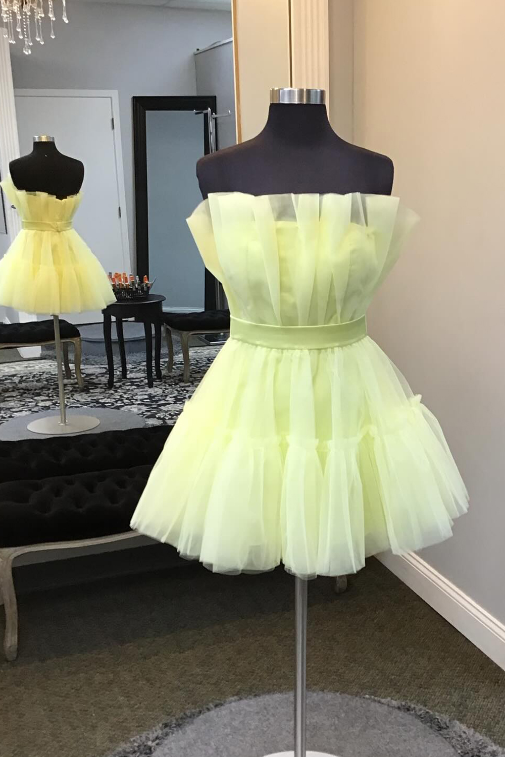 Yellow A Line Tiered Tulle Short Homecoming Dress-BMbridal