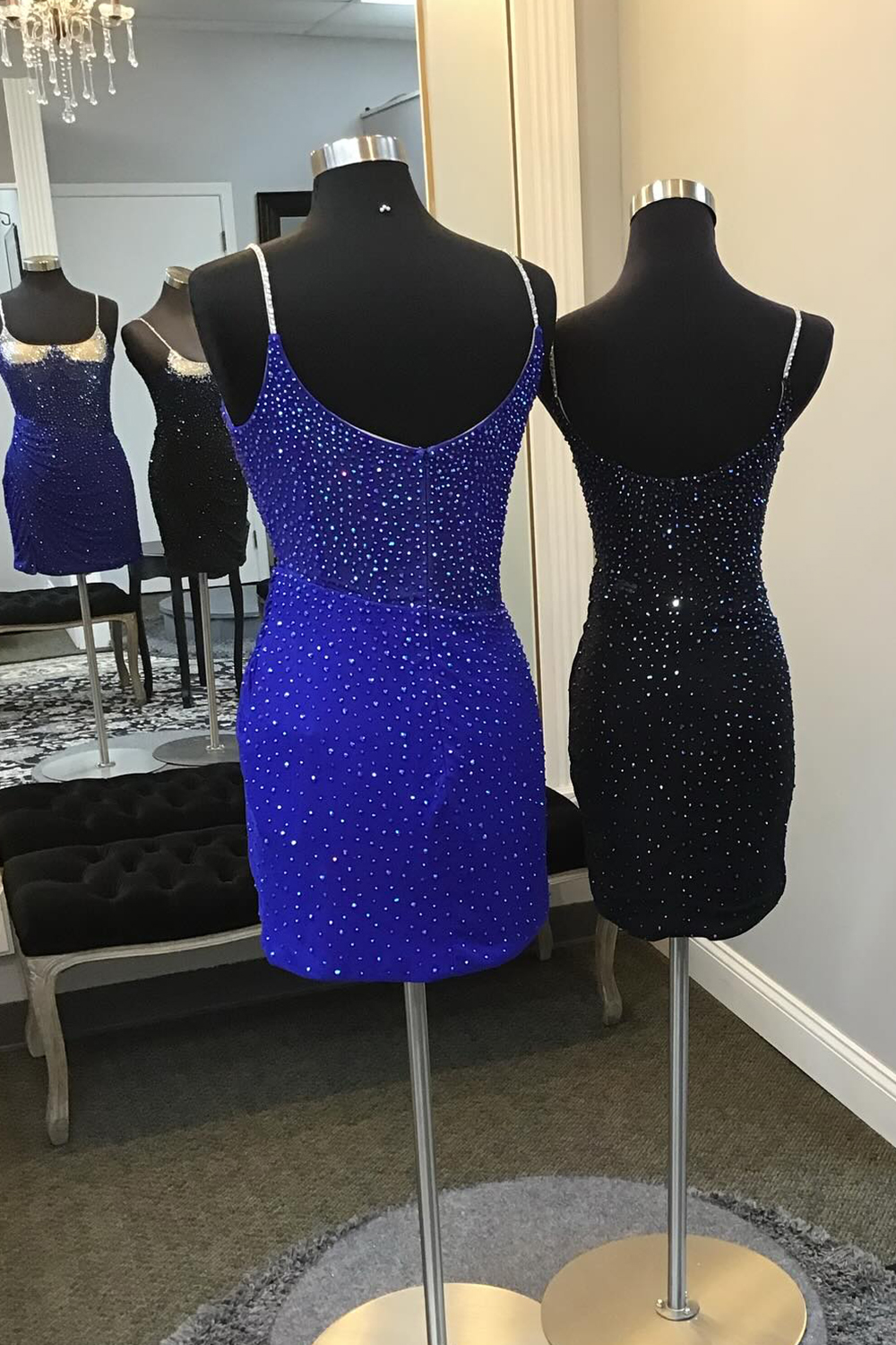 Glitter Royal Blue Spaghetti Straps Tight Short Homecoming Dress With Beadings-BMbridal