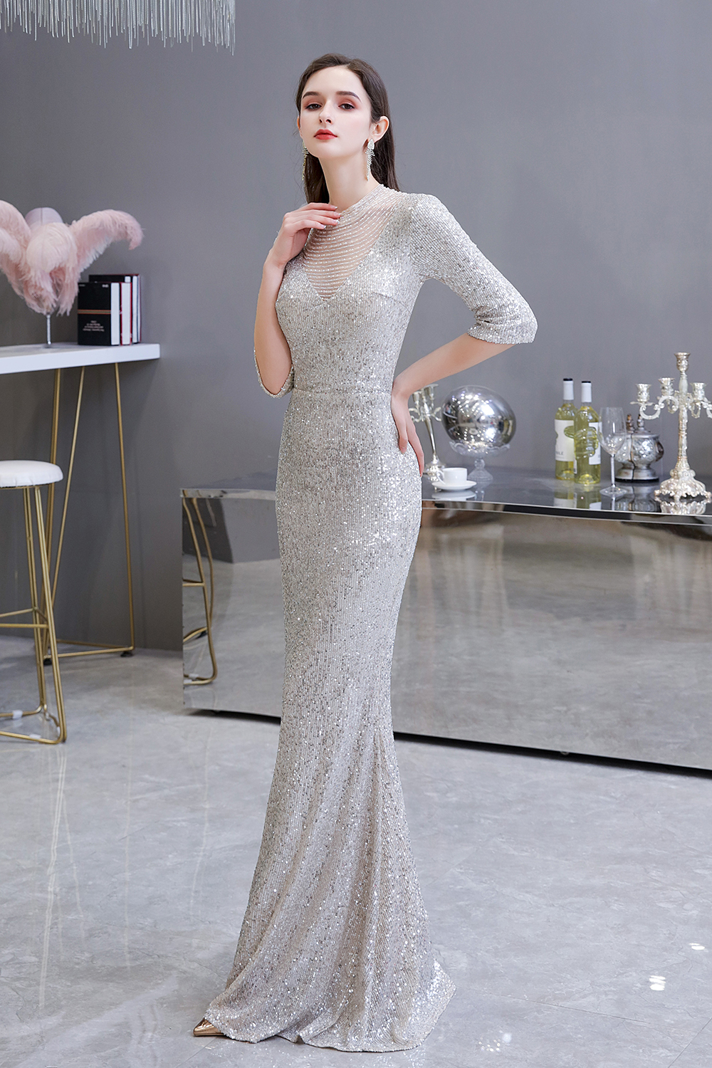 BMbridal Silver Half Sleeve Sequins Prom Dress Mermaid Long Evening Gowns