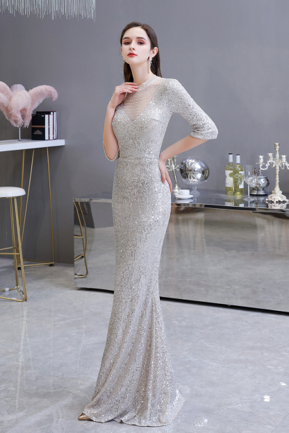 BMbridal Silver Half Sleeve Sequins Prom Dress Mermaid Long Evening Gowns