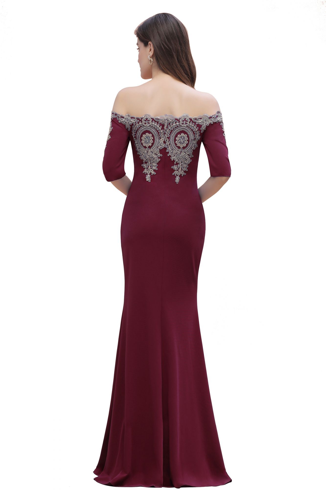 BMbridal Mermaid Off-Shoulder Chiffon Lace Half Sleeve Evening Dress