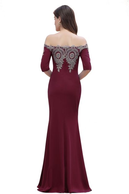 BMbridal Mermaid Off-Shoulder Chiffon Lace Half Sleeve Evening Dress