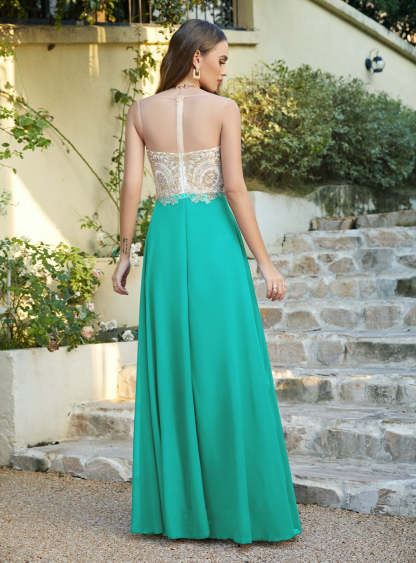 A-line Scoop Chiffon Appliques Floor-Length Dresses Dark Navy-BMbridal