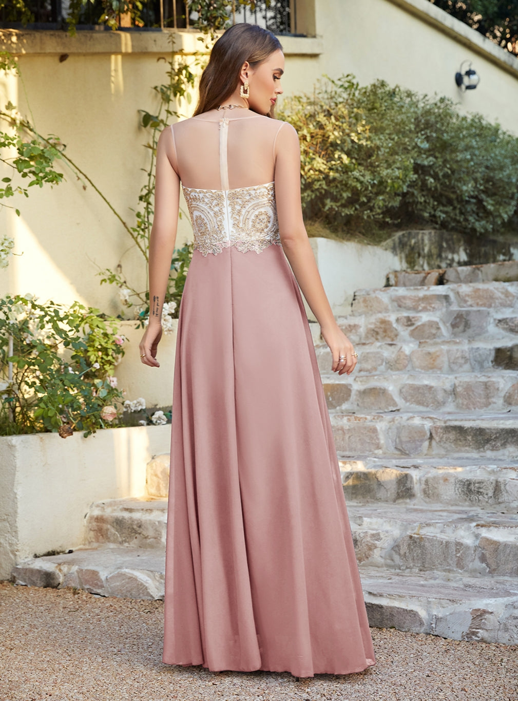 A-line Scoop Chiffon Appliques Floor-Length Dresses Dark Navy-BMbridal