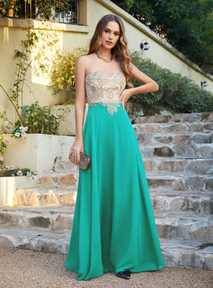 A-line Scoop Chiffon Appliques Floor-Length Dresses Dark Navy-BMbridal