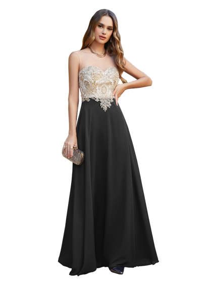 A-line Scoop Chiffon Appliques Floor-Length Dresses Dark Navy-BMbridal