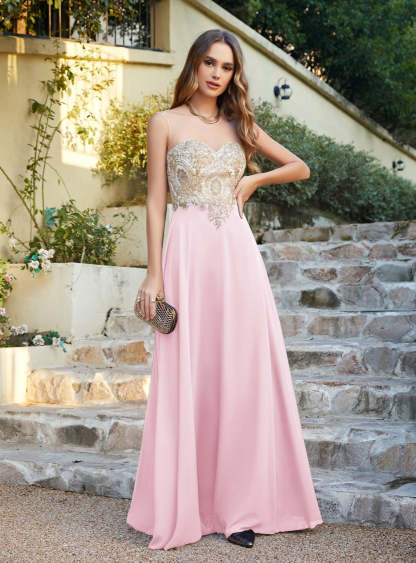 A-line Scoop Chiffon Appliques Floor-Length Dresses Dark Navy-BMbridal