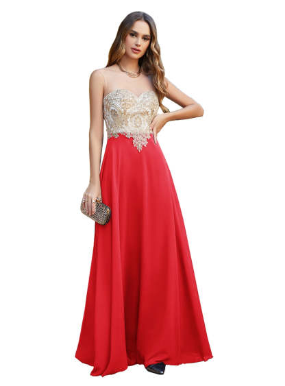 A-line Scoop Chiffon Appliques Floor-Length Dresses Dark Navy-BMbridal
