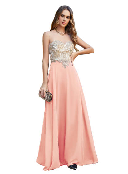 A-line Scoop Chiffon Appliques Floor-Length Dresses Dark Navy-BMbridal