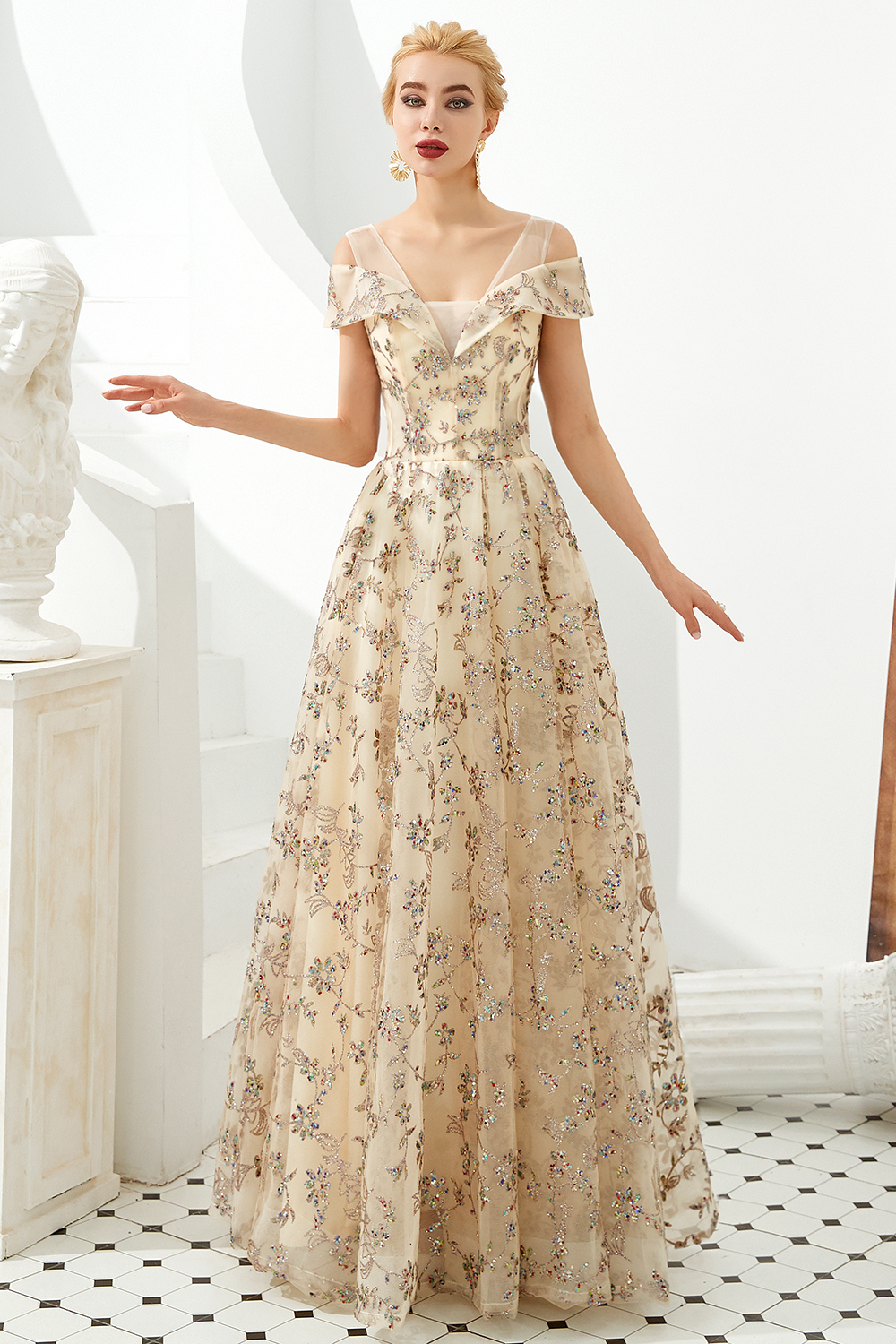 BMbridal Gold Off-the-Shoulder Sequins Prom Dress Long With Lace-Up Back