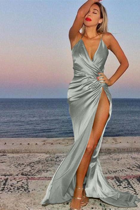 Green Deep V Neck Mermaid Prom Dress Pleated Sleeveless With High Split