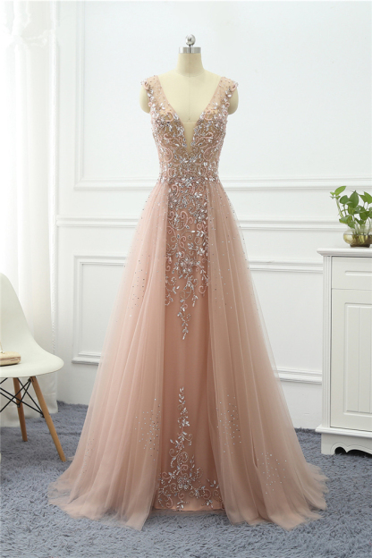 BMbridal Elegant Tulle V-Neck Ruffle Beadings Prom Dresses with Appliques