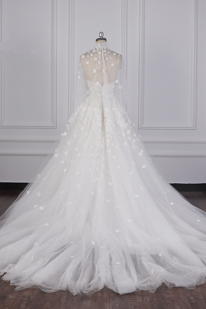 BMbridal Chic High-Neck Tulle Lace Wedding Dress Appliques Beadings Long Sleeves Bridal Gowns On Sale-BMbridal