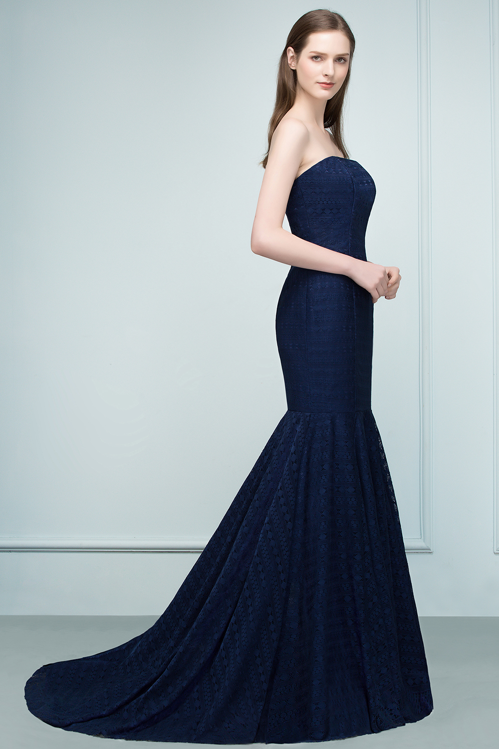BMbridal Elegant Navy Strapless Lace Mermaid Evening Prom Dress Long Online