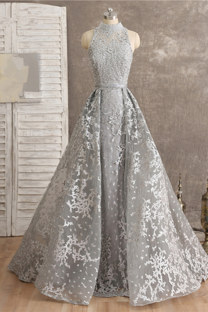 BMbridal Gorgeous High-Neck Tulle Lace Prom Dresses Sleeveless Appliques Rhinestones Formal Party Dresses On Sale-BMbridal