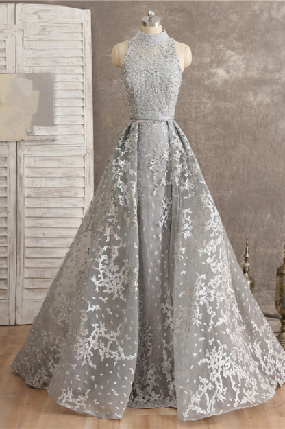 BMbridal Gorgeous High-Neck Tulle Lace Prom Dresses Sleeveless Appliques Rhinestones Formal Party Dresses On Sale-BMbridal
