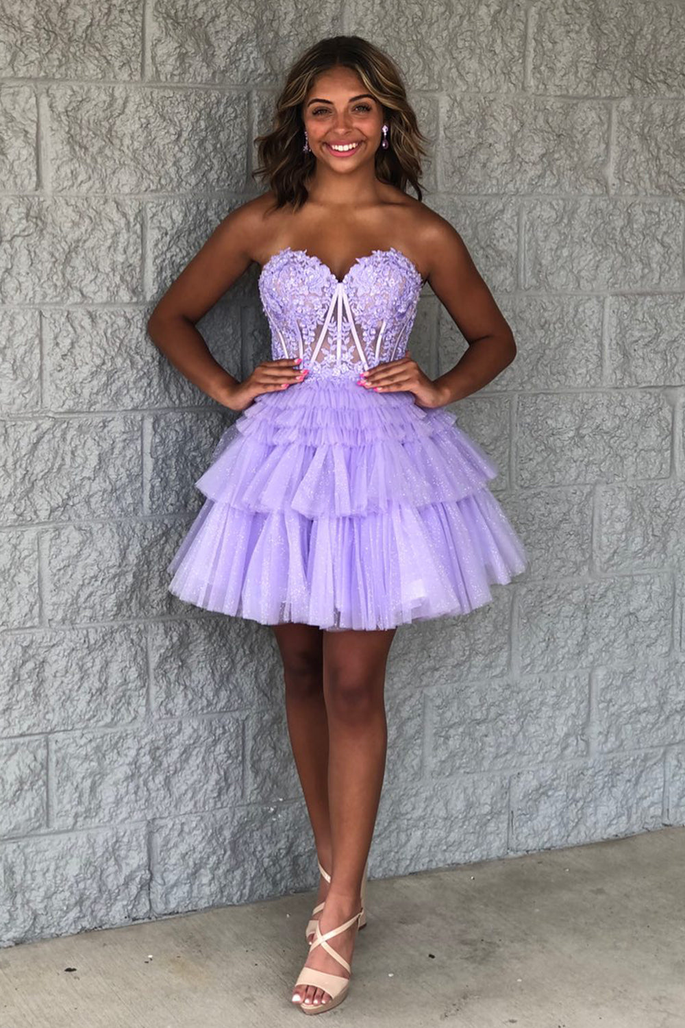 Glitter Lavender Corset Tiered Short A-Line Tulle Homecoming Dress with Lace-BMbridal
