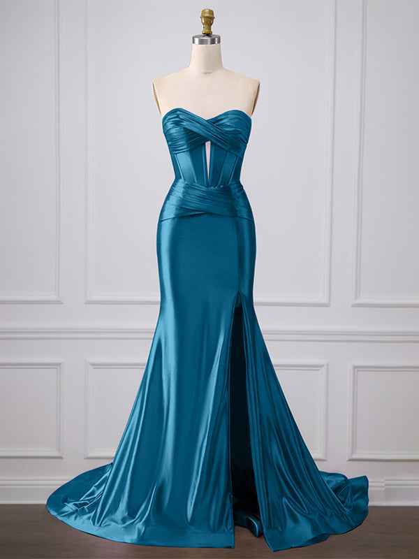 Purple Mermaid Strapless Sweetheart Corset Long Prom Dress with Slit