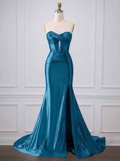 Purple Mermaid Strapless Sweetheart Corset Long Prom Dress with Slit