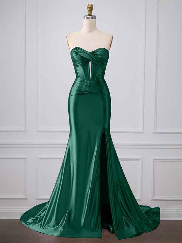 Purple Mermaid Strapless Sweetheart Corset Long Prom Dress with Slit