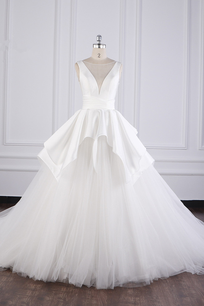 BMbridal Chic Ball Gown Jewel Layers Tulle Wedding Dress White Sleeveless Ruffles Bridal Gowns Online-BMbridal
