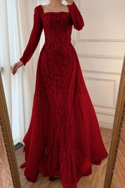 Square Neck Long Sleeves Long Mermaid Prom Dress With Beading Tulle