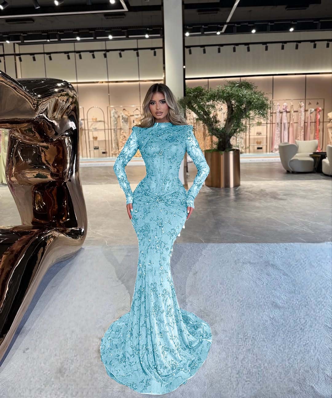 High Neck Long Sleeves Long Mermaid Prom Dress With Beading Pleated