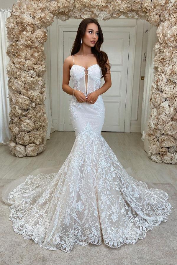 BMbridal Spaghetti-Straps Lace Wedding Dress Mermaid Sleeveless-BMbridal