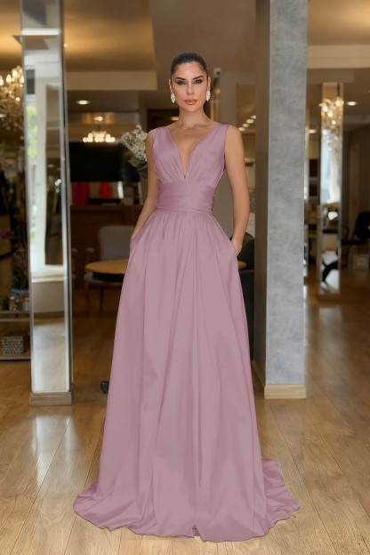 Straps Sleeveless High Waist Long Prom Dress With Pockets Pleated