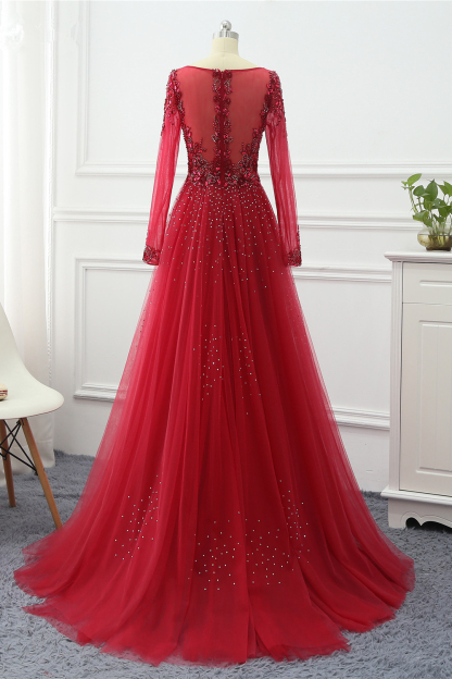 BMbridal Elegant V-Neck Long Sleeves Appliques Beadings Prom Dresses with Overskirt