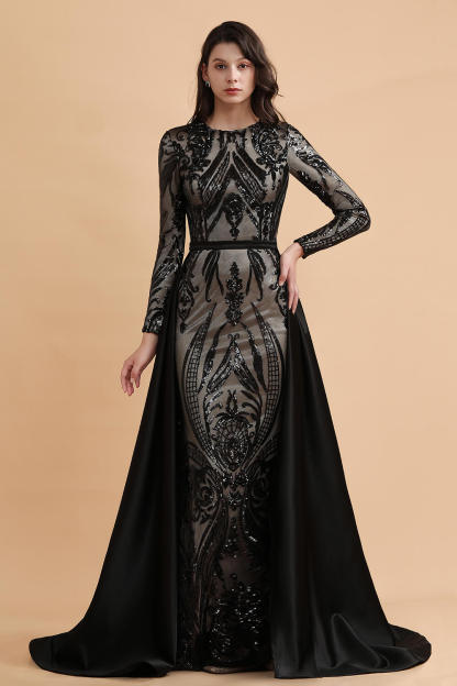 BMbridal Elegant Jewel Sequined Mermaid Prom Dresses Long Sleeves Appliques Party Dress with Overskirt-BMbridal