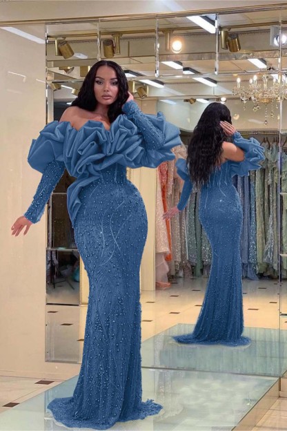 Prom Dress Purple Bubble Sleeves Long Strapless Sequins Beading