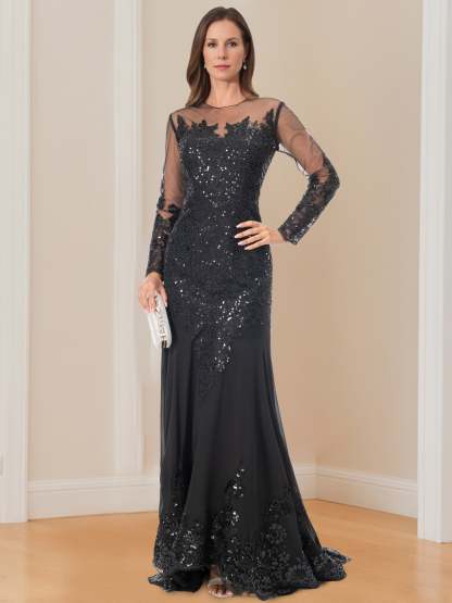 Long-Sleeved Scoop Neck Mermaid/Trumpet Mother of the Bride Dress with Applique-BMbridal